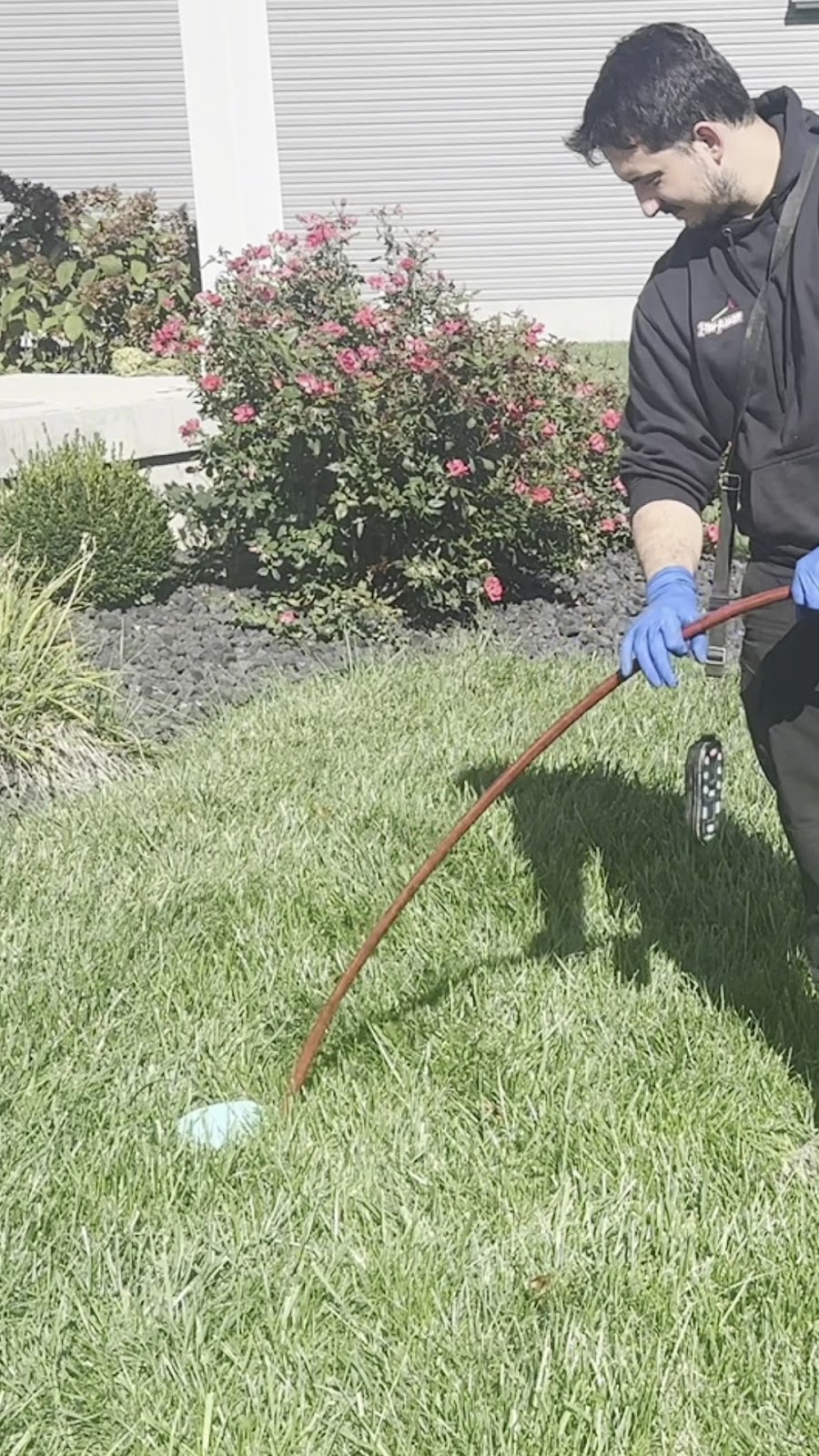 A technician wearing blue gloves feeds a drain snake or inspection camera cable into a cleanout hole in a grassy lawn.